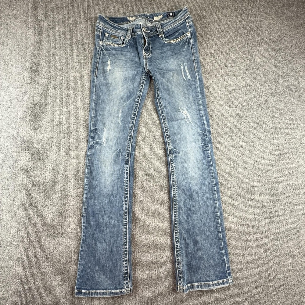 Y2K LA Idol Jeans Juniors 9 Medium Wash Low Rise Bootcut Rhinestone Embellished